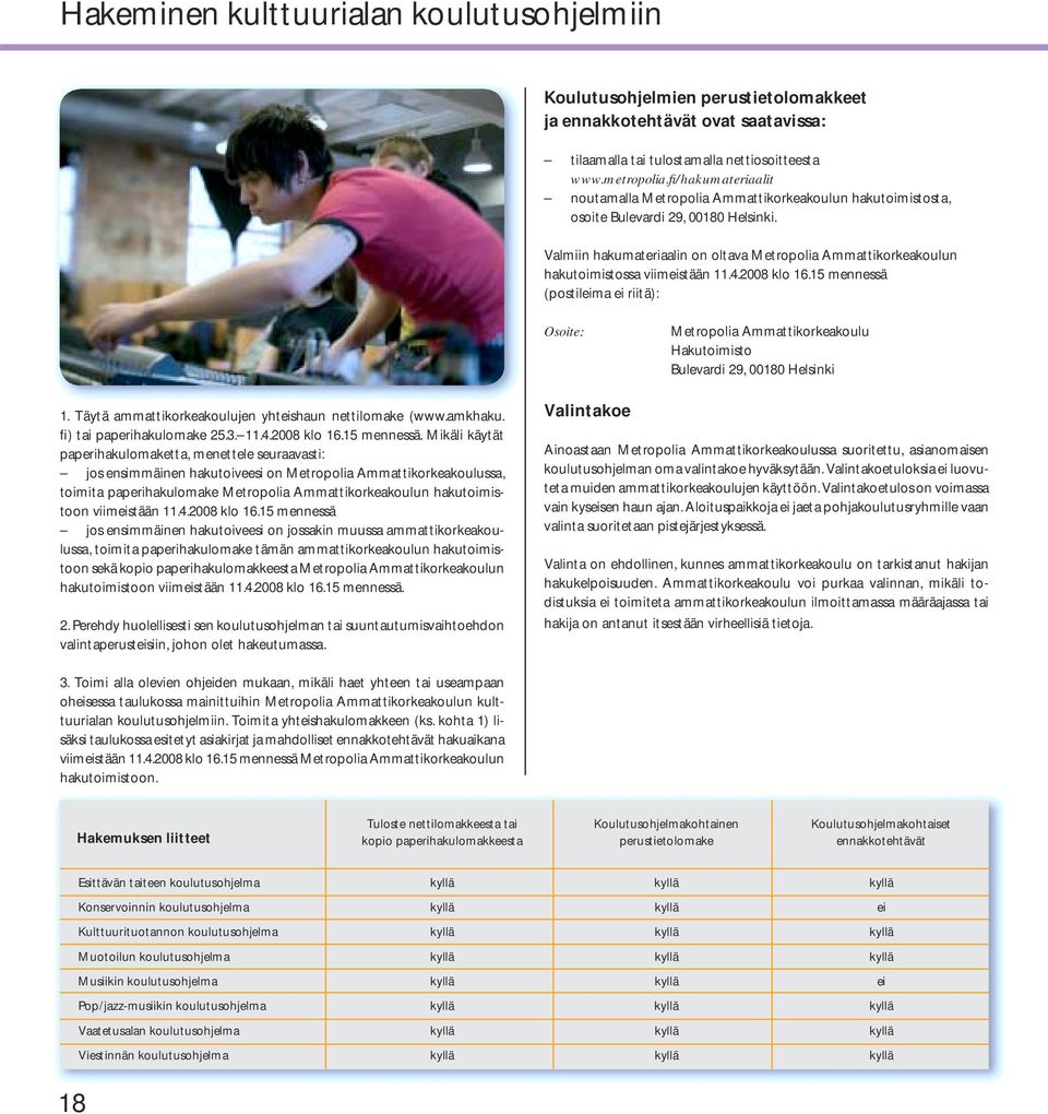 Valmiin hakumateriaalin on oltava Metropolia Ammattikorkeakoulun hakutoimistossa viimeistään 11.4.2008 klo 16.