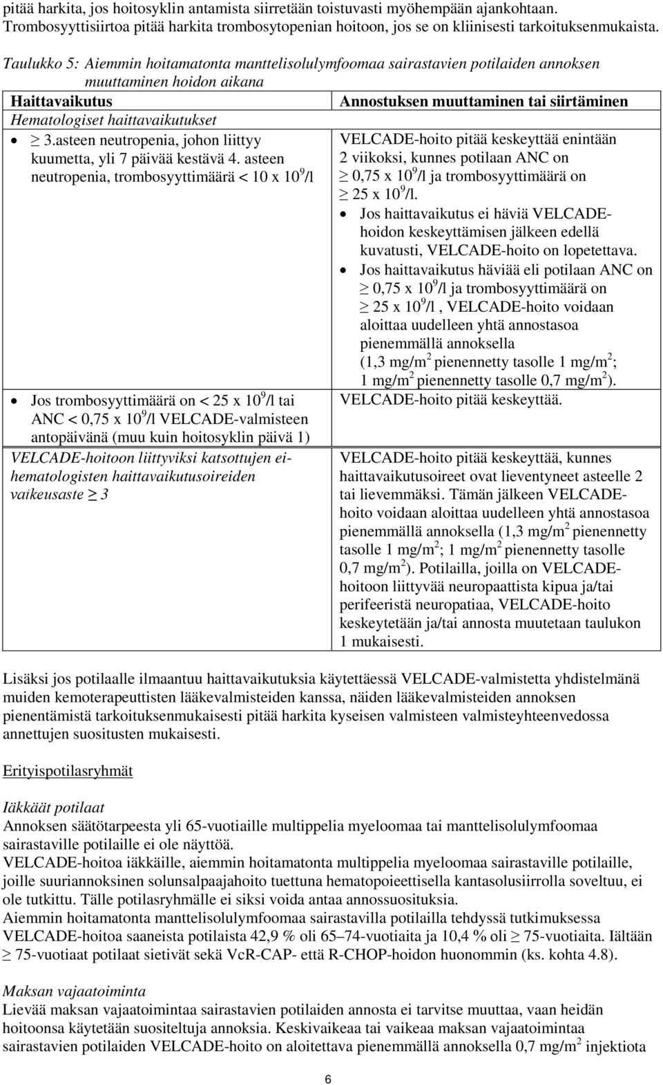 haittavaikutukset 3.asteen neutropenia, johon liittyy VELCADE-hoito pitää keskeyttää enintään kuumetta, yli 7 päivää kestävä 4.