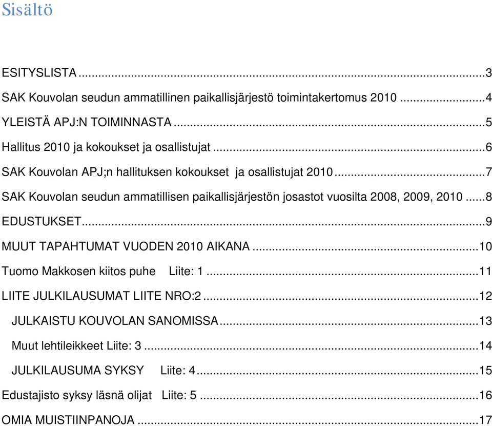 .. 7 SAK Kouvolan seudun ammatillisen paikallisjärjestön josastot vuosilta 2008, 2009, 2010... 8 EDUSTUKSET... 9 MUUT TAPAHTUMAT VUODEN 2010 AIKANA.