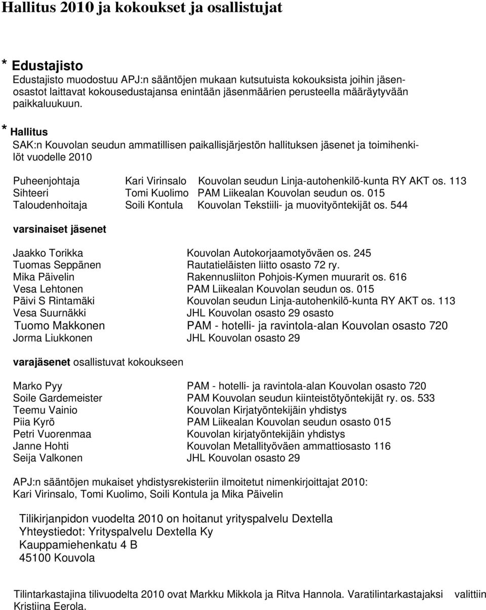 * Hallitus SAK:n Kouvolan seudun ammatillisen paikallisjärjestön hallituksen jäsenet ja toimihenkilöt vuodelle 2010 Puheenjohtaja Kari Virinsalo Kouvolan seudun Linja-autohenkilö-kunta RY AKT os.