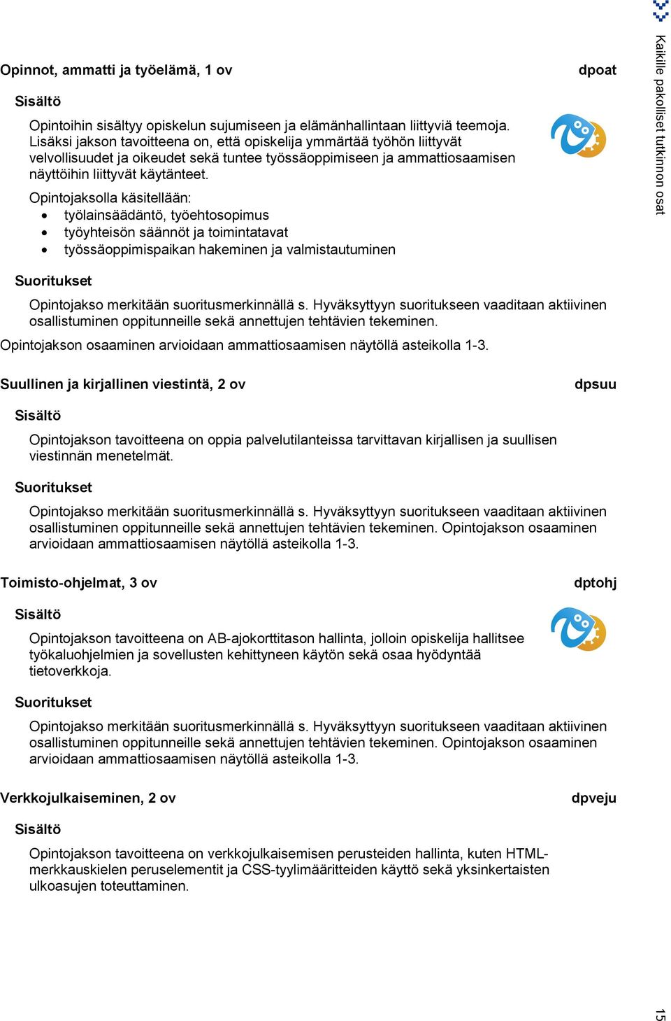 Opintojaksolla käsitellään: työlainsäädäntö, työehtosopimus työyhteisön säännöt ja toimintatavat työssäoppimispaikan hakeminen ja valmistautuminen Opintojakso merkitään suoritusmerkinnällä s.