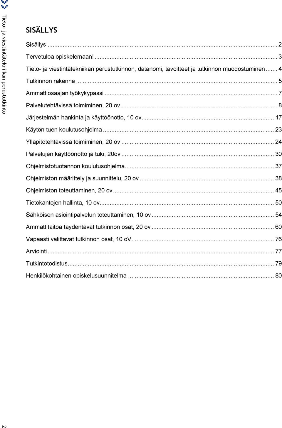 .. 23 Ylläpitotehtävissä toimiminen, 20 ov... 24 Palvelujen käyttöönotto ja tuki, 20ov... 30 Ohjelmistotuotannon koulutusohjelma... 37 Ohjelmiston määrittely ja suunnittelu, 20 ov.