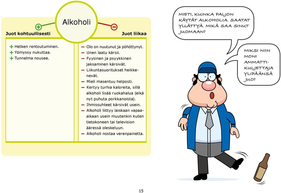 Liikuntasuoritukset heikkenevät. Mieli masentuu helposti. Kertyy turhia kaloreita, sillä alkoholi lisää ruokahalua (eikä nyt puhuta porkkanoista).