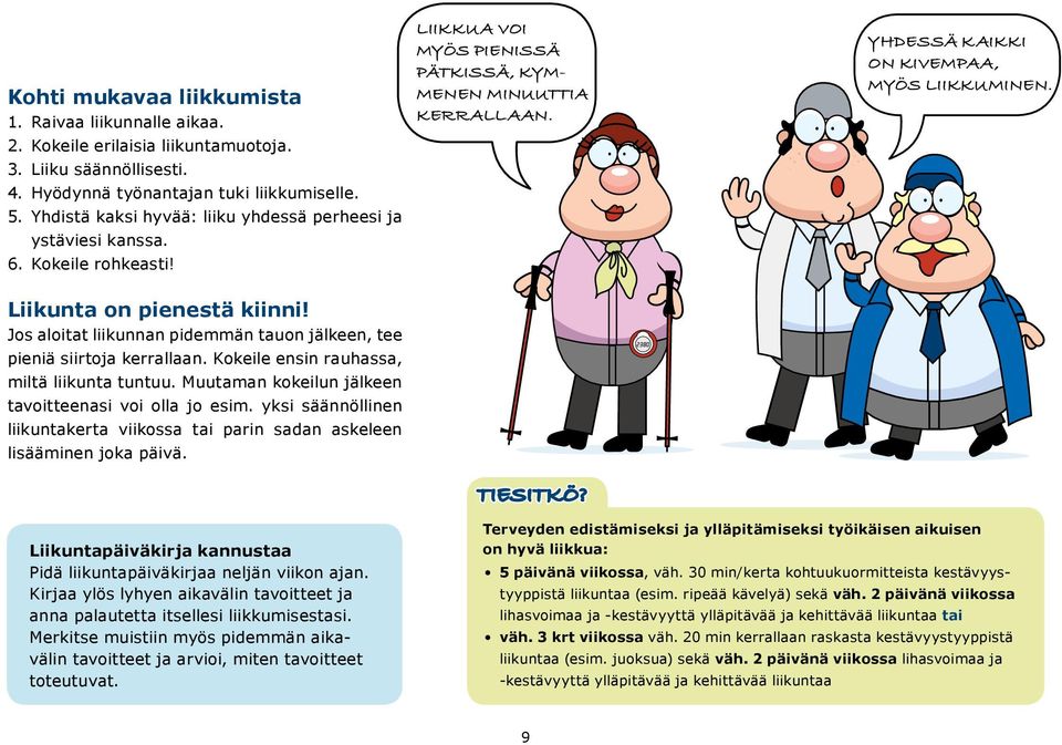 Kokeile ensin rauhassa, miltä liikunta tuntuu. Muutaman kokeilun jälkeen tavoitteenasi voi olla jo esim. yksi säännöllinen liikuntakerta viikossa tai parin sadan askeleen lisääminen joka päivä.