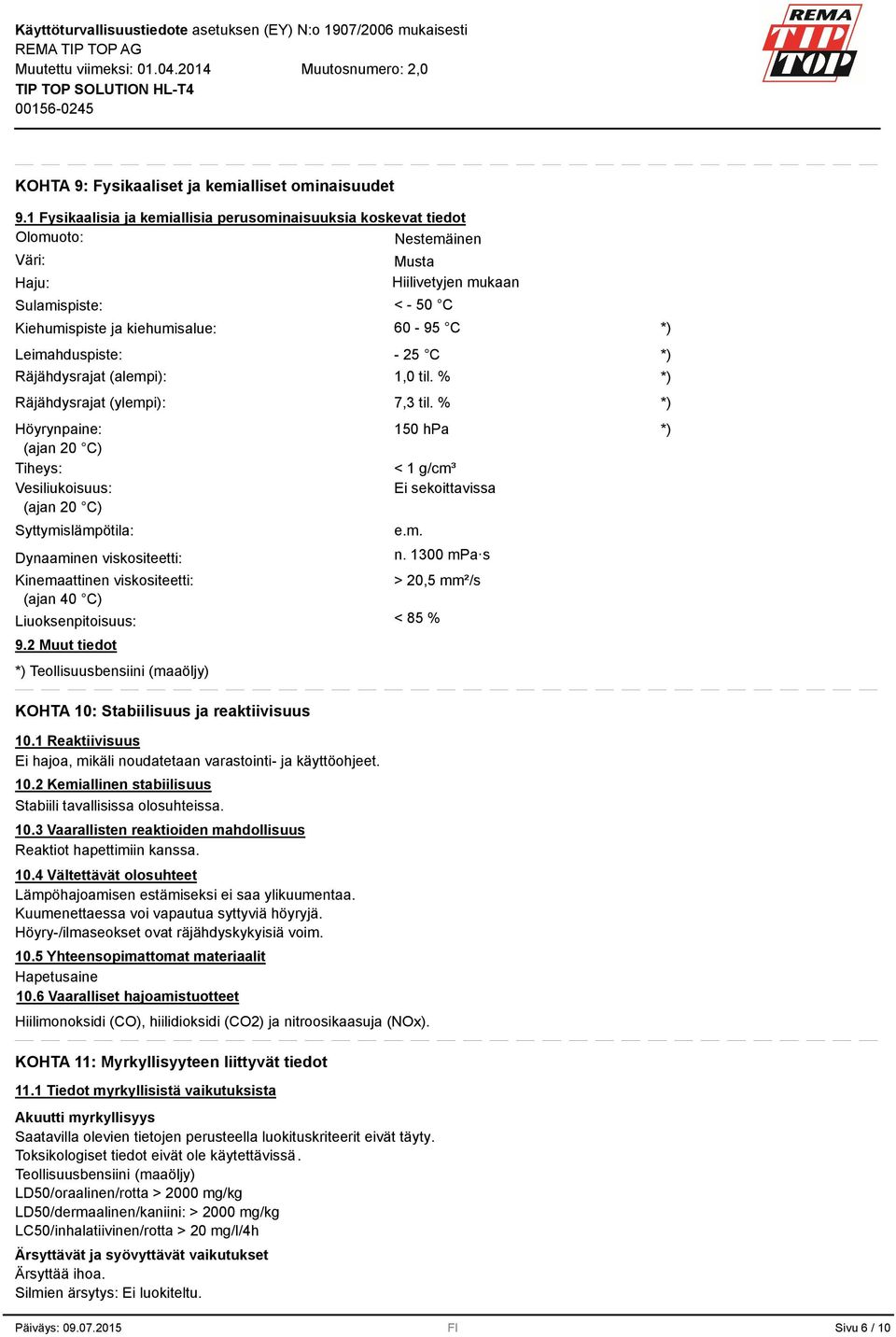 (alempi): Räjähdysrajat (ylempi): Höyrynpaine: (ajan 20 C) Tiheys: Vesiliukoisuus: (ajan 20 C) Syttymislämpötila: Dynaaminen viskositeetti: Kinemaattinen viskositeetti: (ajan 40 C) Liuoksenpitoisuus: