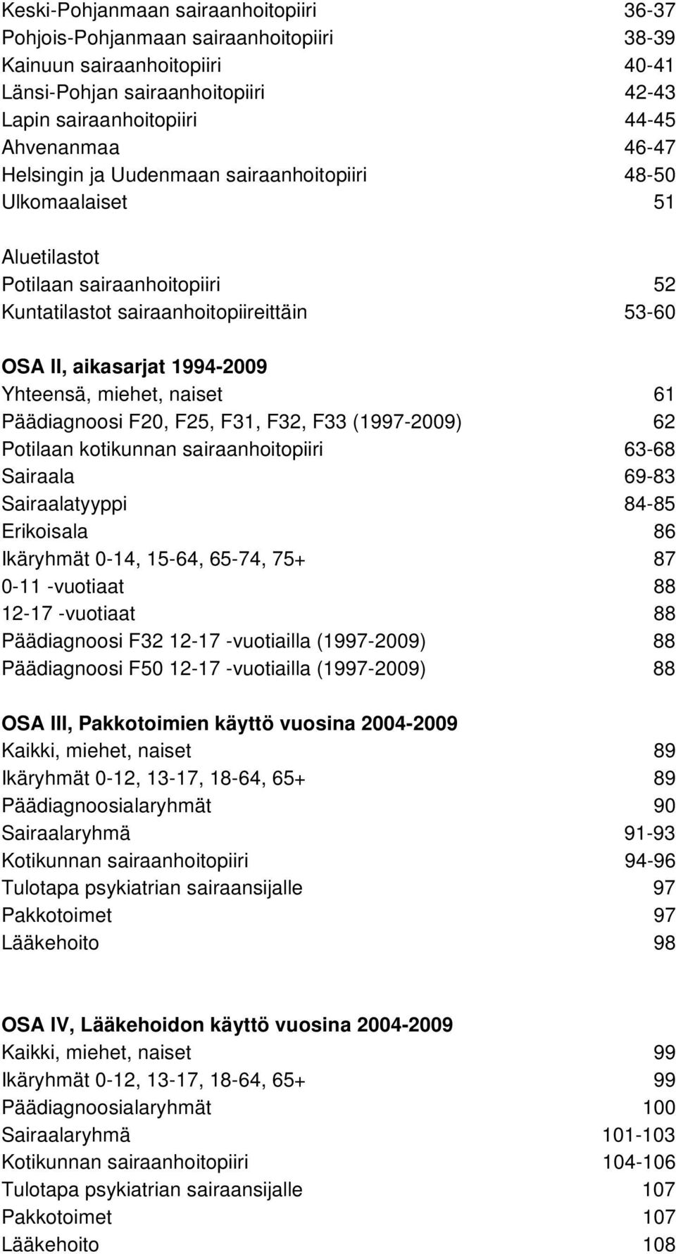 naiset 61 Päädiagnoosi F20, F25, F31, F32, F33 (1997-2009) 62 Potilaan kotikunnan sairaanhoitopiiri 63-68 Sairaala 69-83 Sairaalatyyppi 84-85 Erikoisala 86 Ikäryhmät 0-14, 15-64, 65-74, 75+ 87 0-11