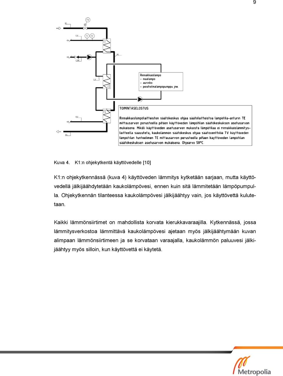 kaukolämpövesi, ennen kuin sitä lämmitetään lämpöpumpulla. Ohjekytkennän tilanteessa kaukolämpövesi jälkijäähtyy vain, jos käyttövettä kulutetaan.