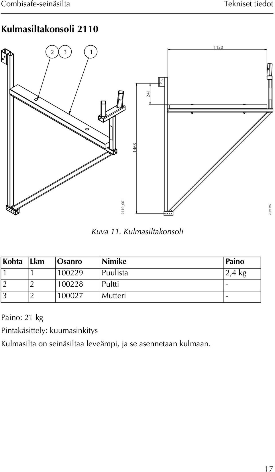 Kulmasiltakonsoli Kohta Lkm Osanro Nimike Paino 1 1 100229 Puulista 2,4 kg 2