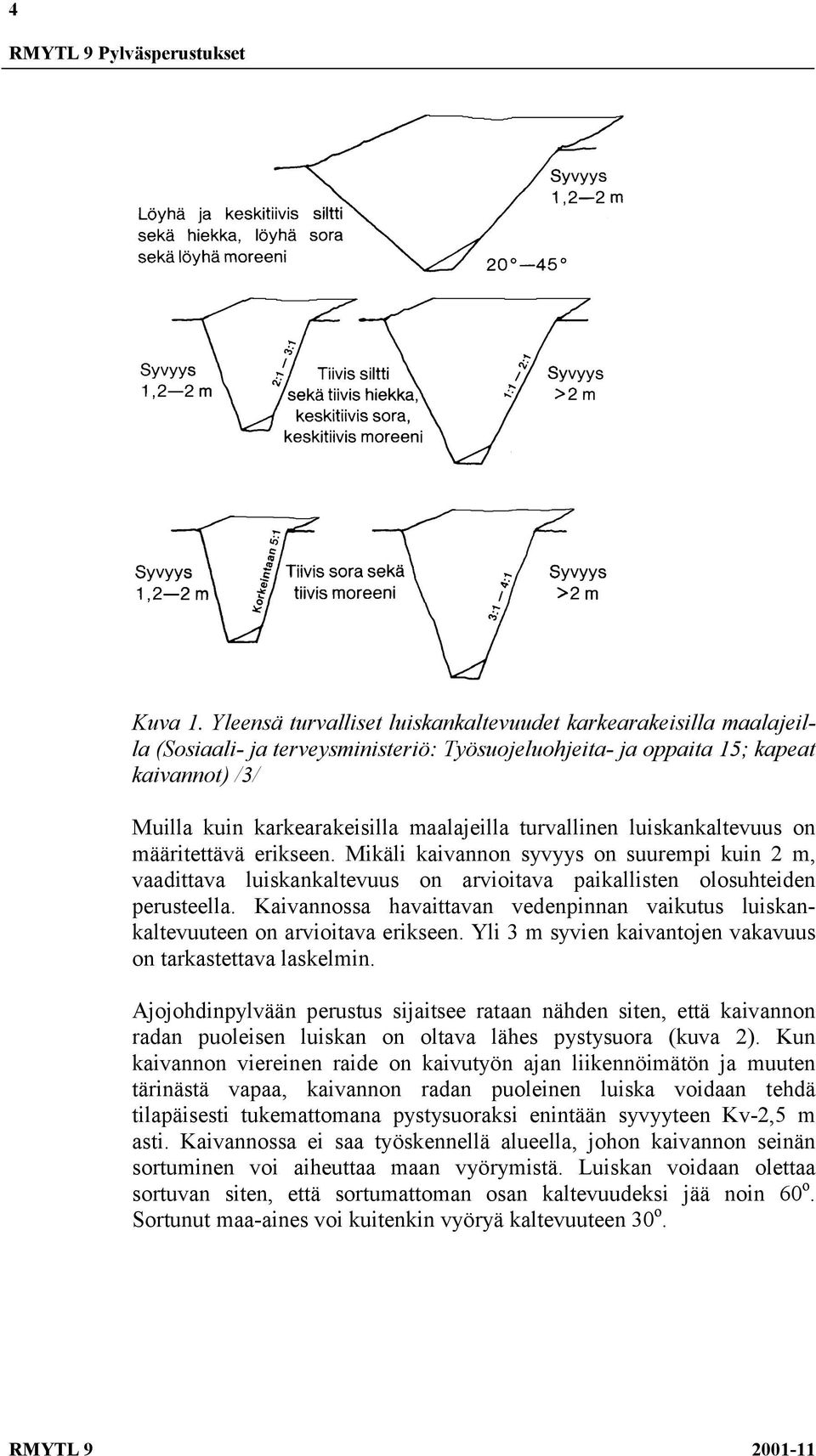 turvallinen luiskankaltevuus on määritettävä erikseen. Mikäli kaivannon syvyys on suurempi kuin 2 m, vaadittava luiskankaltevuus on arvioitava paikallisten olosuhteiden perusteella.