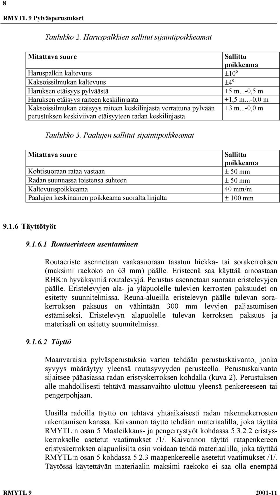 raiteen keskilinjasta verrattuna pylvään perustuksen keskiviivan etäisyyteen radan keskilinjasta Sallittu poikkeama ±10 o ±4 o +5 m...-0,5 m +1,5 m...-0,0 m +3 m...-0,0 m Taulukko 3.