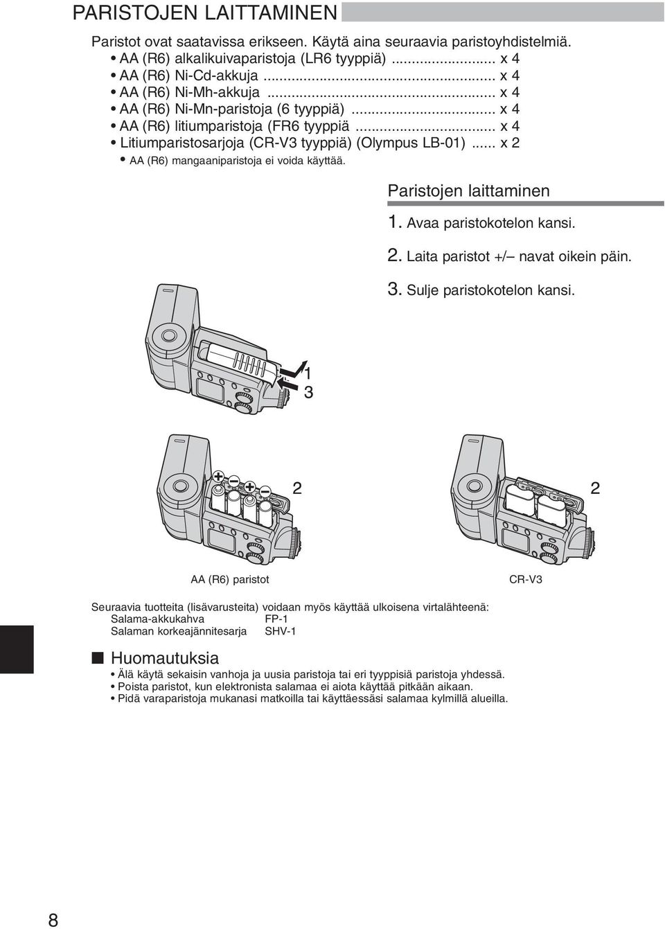 Paristojen laittaminen 1. Avaa paristokotelon kansi. 2. Laita paristot +/ navat oikein päin. 3. Sulje paristokotelon kansi.