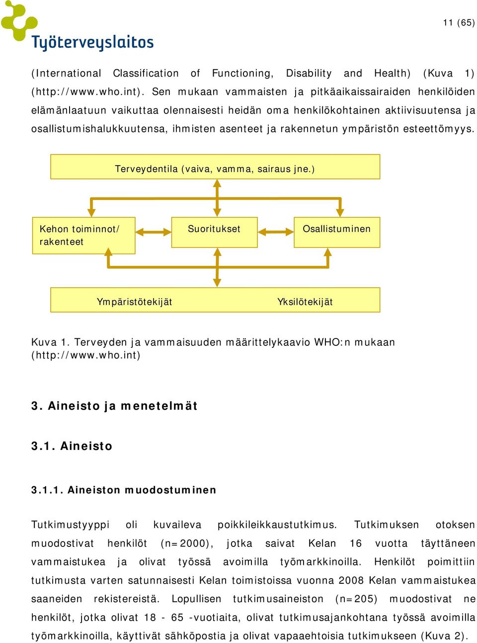 rakennetun ympäristön esteettömyys. Terveydentila (vaiva, vamma, sairaus jne.) Kehon toiminnot/ rakenteet Suoritukset Osallistuminen Ympäristötekijät Yksilötekijät Kuva 1.