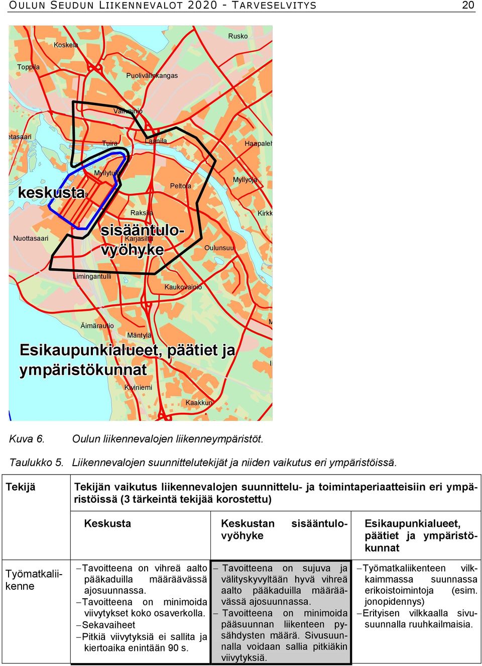 Oulun liikennevalojen liikenneympäristöt. Taulukko 5. Liikennevalojen suunnittelutekijät ja niiden vaikutus eri ympäristöissä.