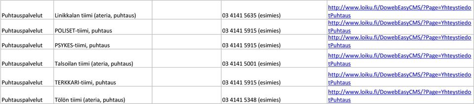 Puhtaus Talsoilan tiimi (ateria, puhtaus) 03 4141 5001 (esimies) Puhtaus TERKKARI-tiimi,