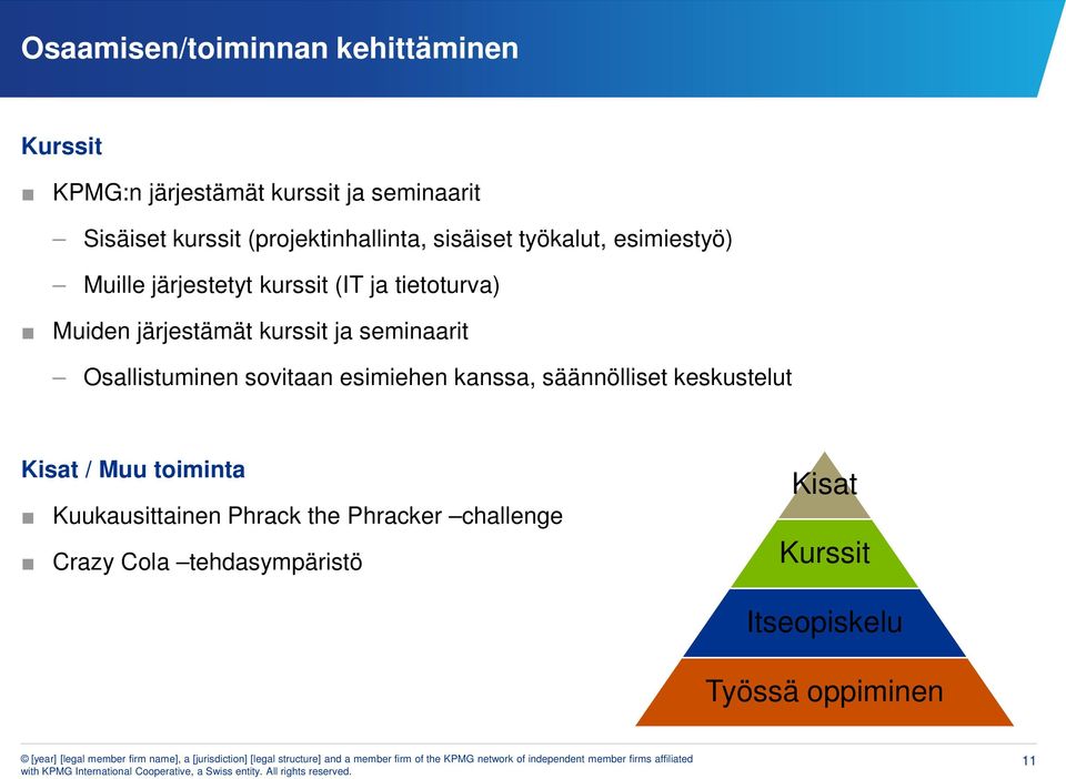 järjestämät kurssit ja seminaarit Osallistuminen sovitaan esimiehen kanssa, säännölliset keskustelut Kisat /