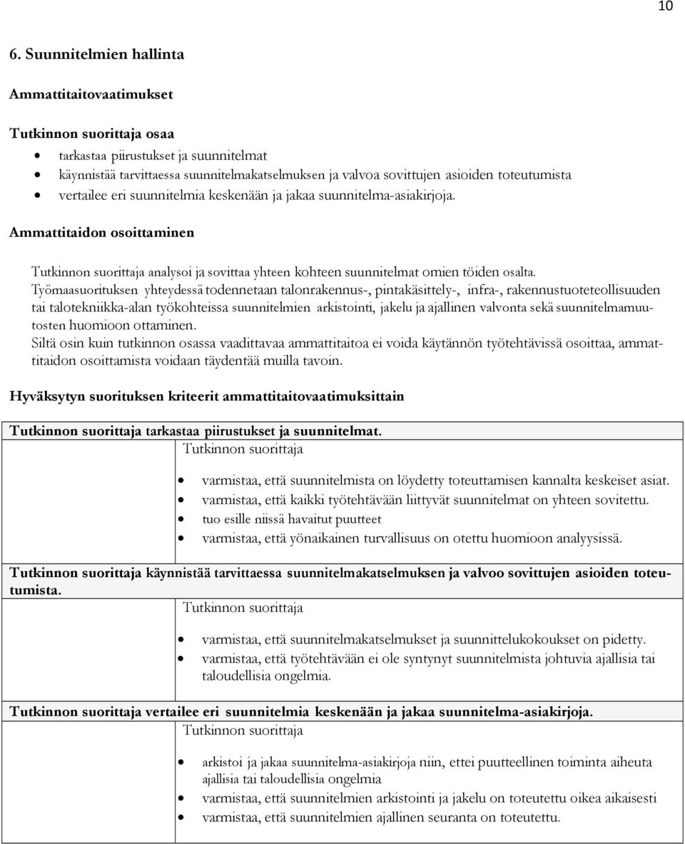 Työmaasuorituksen yhteydessä todennetaan talonrakennus-, pintakäsittely-, infra-, rakennustuoteteollisuuden tai talotekniikka-alan työkohteissa suunnitelmien arkistointi, jakelu ja ajallinen valvonta