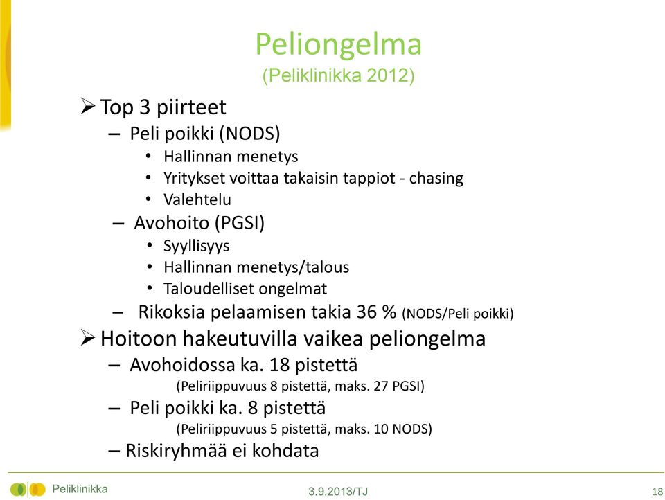 (NODS/Peli poikki) Hoitoon hakeutuvilla vaikea peliongelma Avohoidossa ka. 18 pistettä (Peliriippuvuus 8 pistettä, maks.