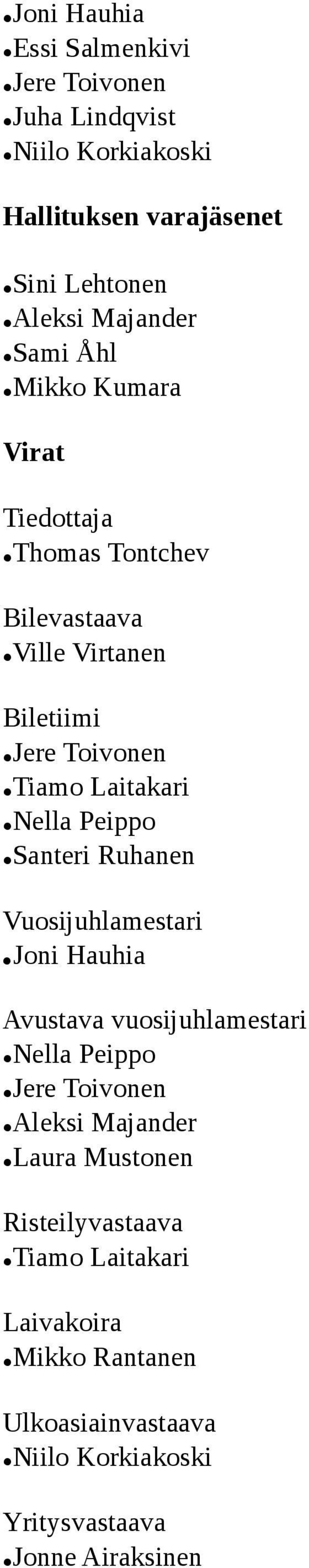 Santeri Ruhanen Vuosijuhlamestari Joni Hauhia Avustava vuosijuhlamestari Nella Peippo Laura Mustonen