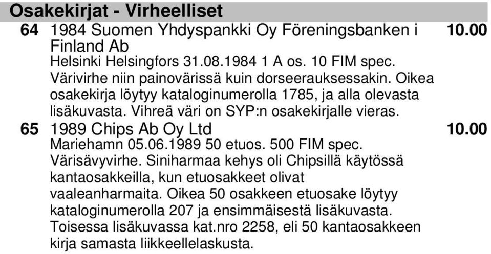 Vihreä väri on SYP:n osakekirjalle vieras. 65 1989 Chips Ab Oy Ltd Mariehamn 05.06.1989 50 etuos. 500 FIM spec. Värisävyvirhe.
