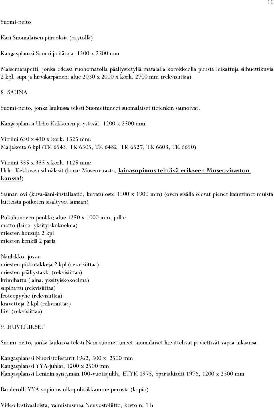 Kangasplanssi Urho Kekkonen ja ystävät, 1200 x 2500 mm Vitriini 630 x 430 x kork. 1525 mm: Maljakoita 6 kpl (TK 6543, TK 6505, TK 6482, TK 6527, TK 6603, TK 6650) Vitriini 335 x 335 x kork.