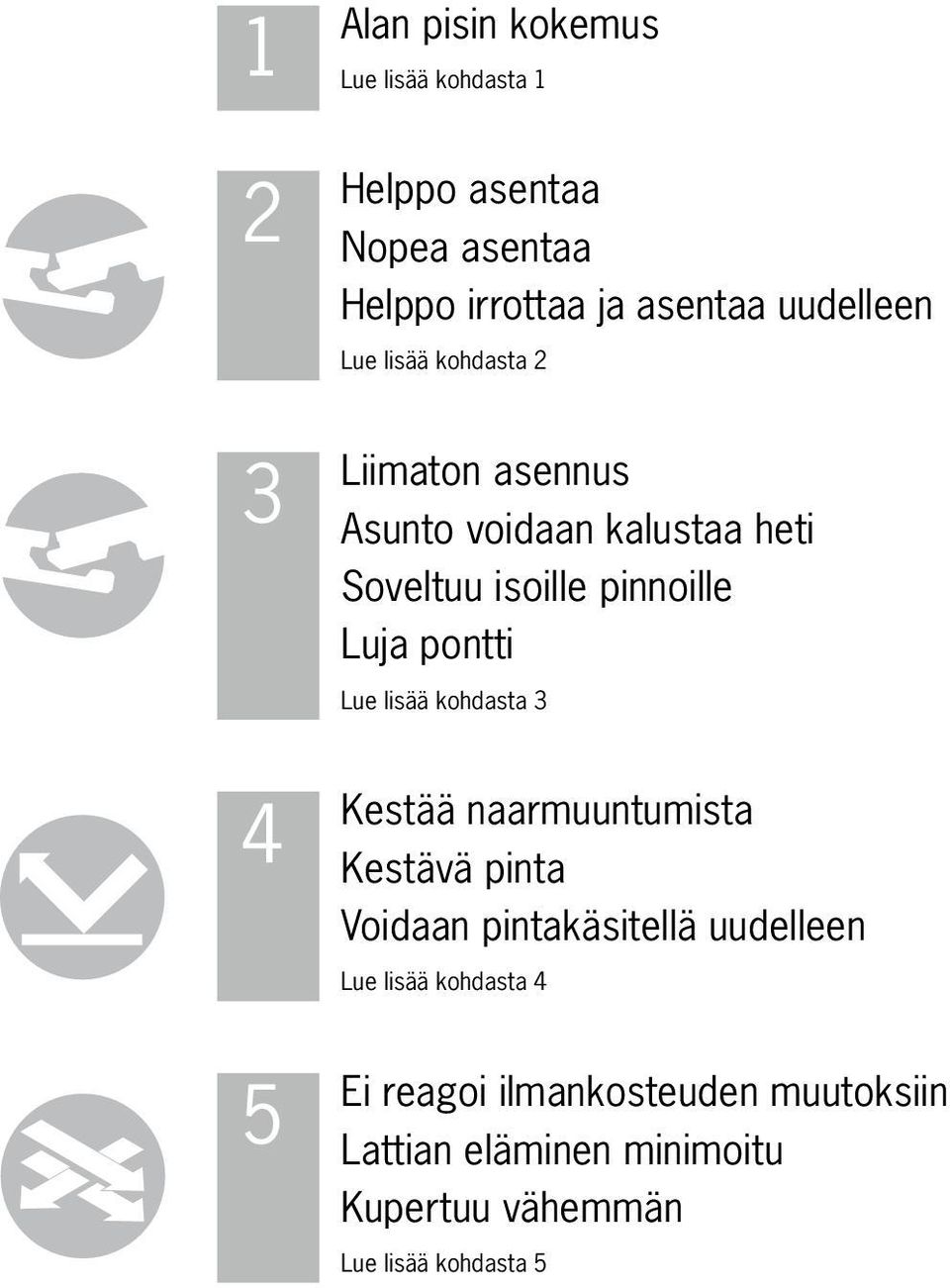 pontti Lue lisää kohdasta 3 Kestää naarmuuntumista Kestävä pinta Voidaan pintakäsitellä uudelleen Lue lisää