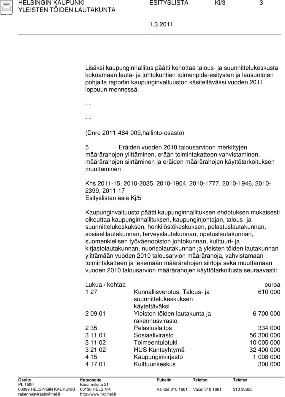 (Dnro 2011-464-009,hallinto-osasto) 5 Eräiden vuoden 2010 talousarvioon merkittyjen määrärahojen ylittäminen, erään toimintakatteen vahvistaminen, määrärahojen siirtäminen ja eräiden määrärahojen