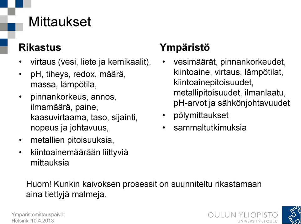 mittauksia Ympäristö vesimäärät, pinnankorkeudet, kiintoaine, virtaus, lämpötilat, kiintoainepitoisuudet, metallipitoisuudet,