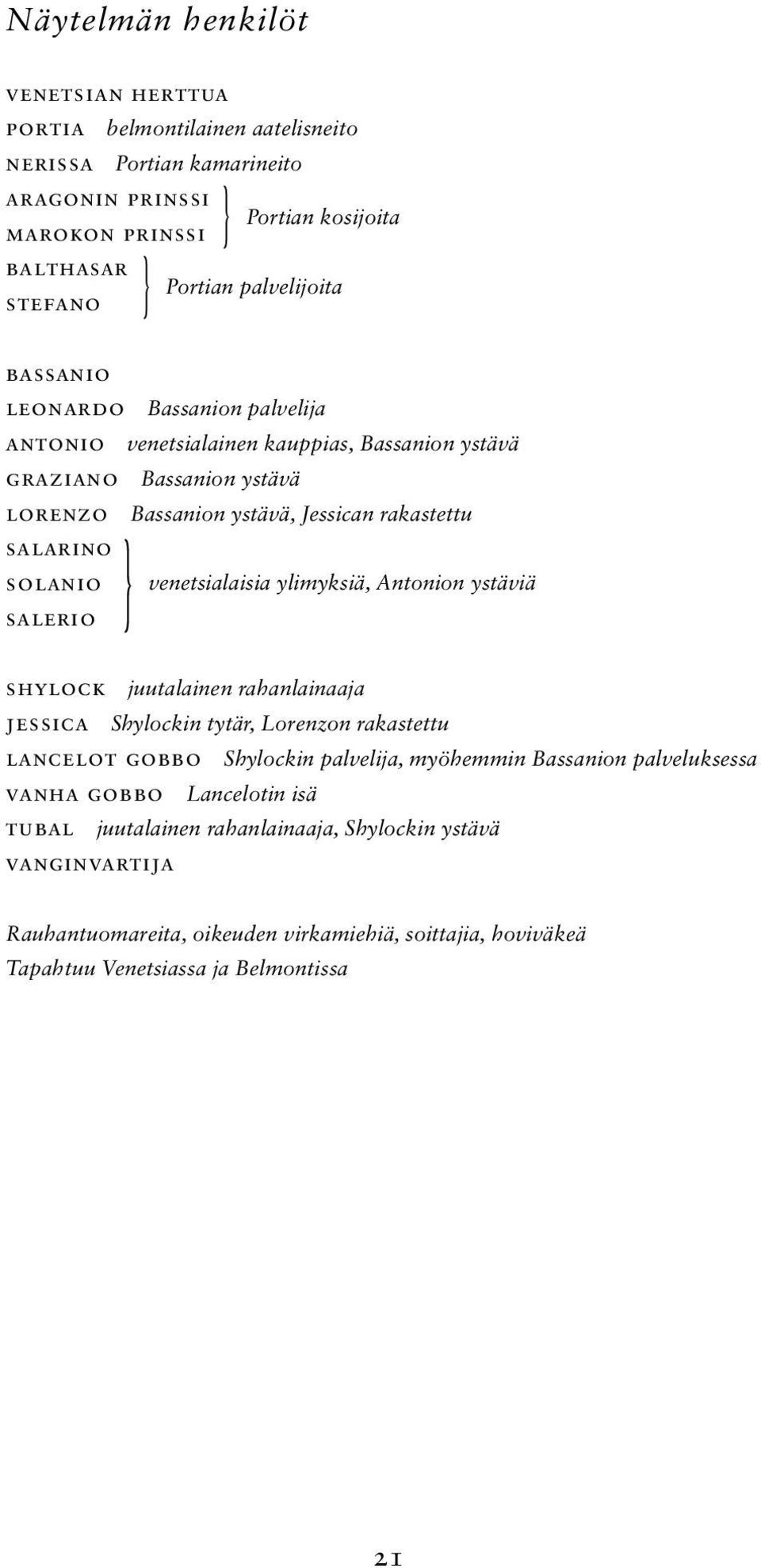 venetsialaisia ylimyksiä, Antonion ystäviä salerio } shylock juutalainen rahanlainaaja jessica Shylockin tytär, Lorenzon rakastettu lancelot gobbo Shylockin palvelija, myöhemmin Bassanion