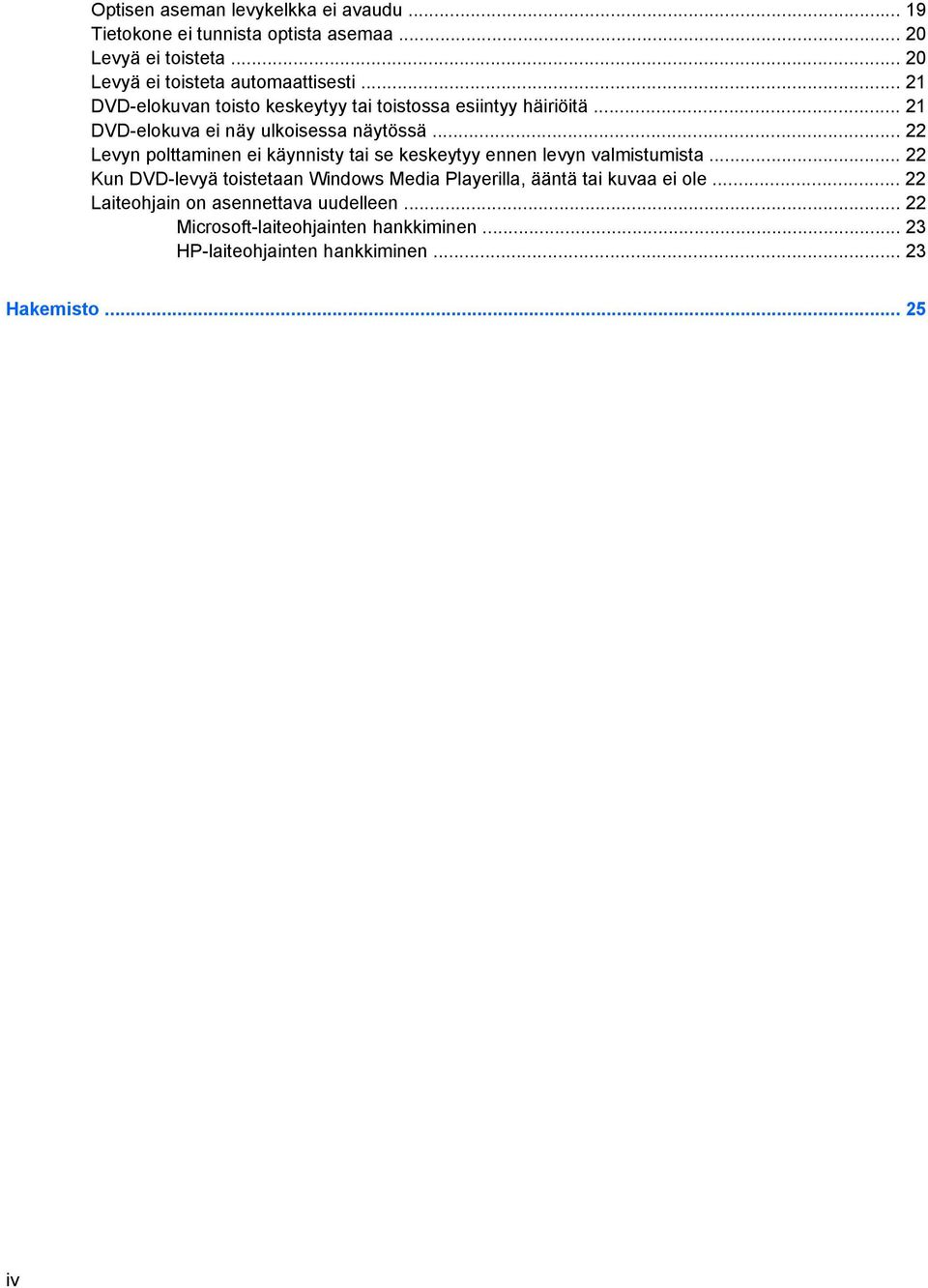 .. 22 Levyn polttaminen ei käynnisty tai se keskeytyy ennen levyn valmistumista.