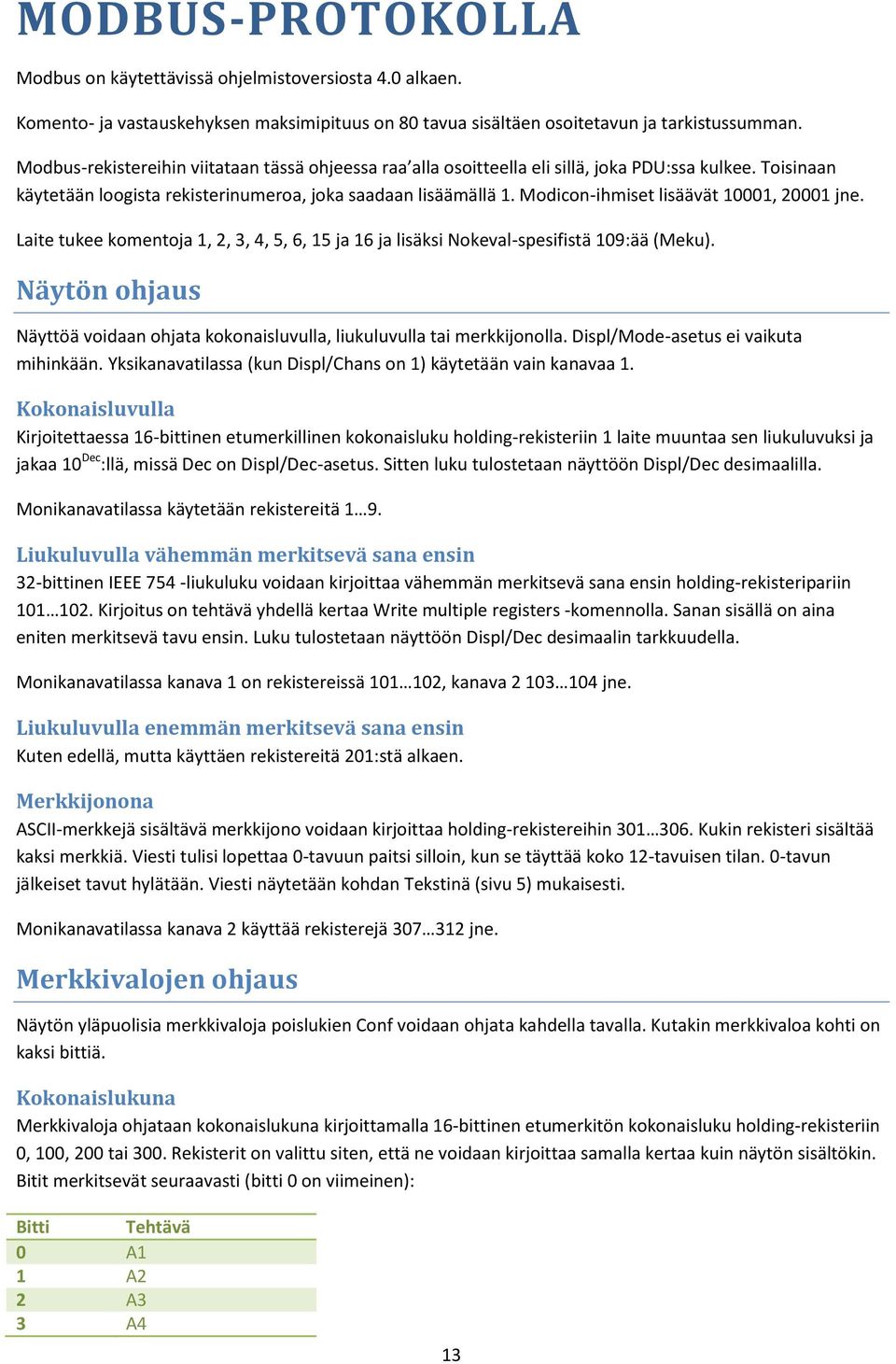 Modicon-ihmiset lisäävät 10001, 20001 jne. Laite tukee komentoja 1, 2, 3, 4, 5, 6, 15 ja 16 ja lisäksi Nokeval-spesifistä 109:ää (Meku).