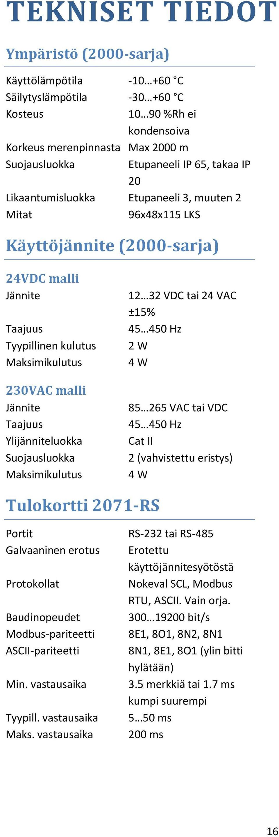 Suojausluokka Maksimikulutus 12 32 VDC tai 24 VAC ±15% 45 450 Hz 2 W 4 W 85 265 VAC tai VDC 45 450 Hz Cat II 2 (vahvistettu eristys) 4 W Tulokortti 2071-RS Portit Galvaaninen erotus Protokollat