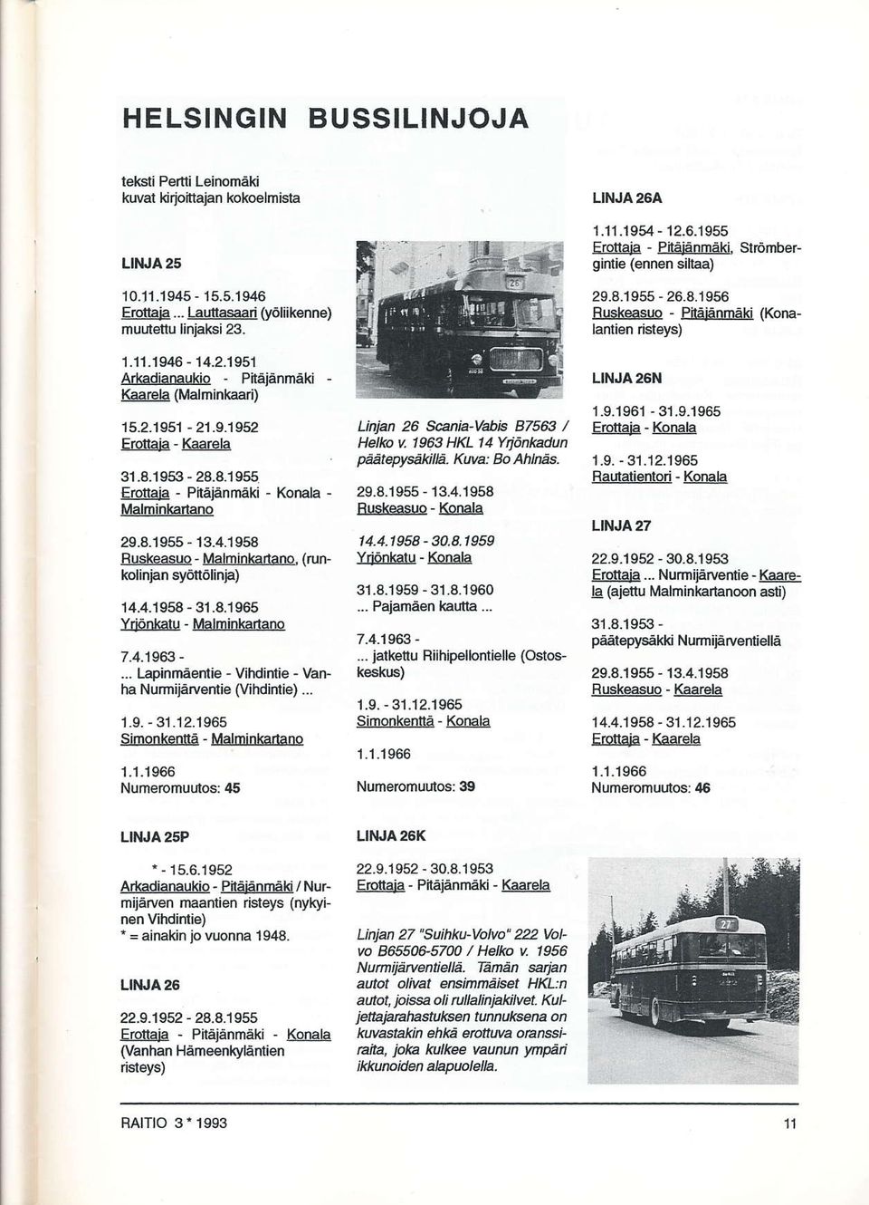 4.1963 -... Lapinmäentie - Vihdintie - Vanha Nurnijärventie (Vihdintie)... 1.S. - 31.12.1965 Simonkenttä - Malminkarlano 1.1.1966 Numeromuutos: 45 LAan 26 Scania-Vabis 87563 / Helko u 1963 HKL 14 Ytiönkdun pååterysåkilä.