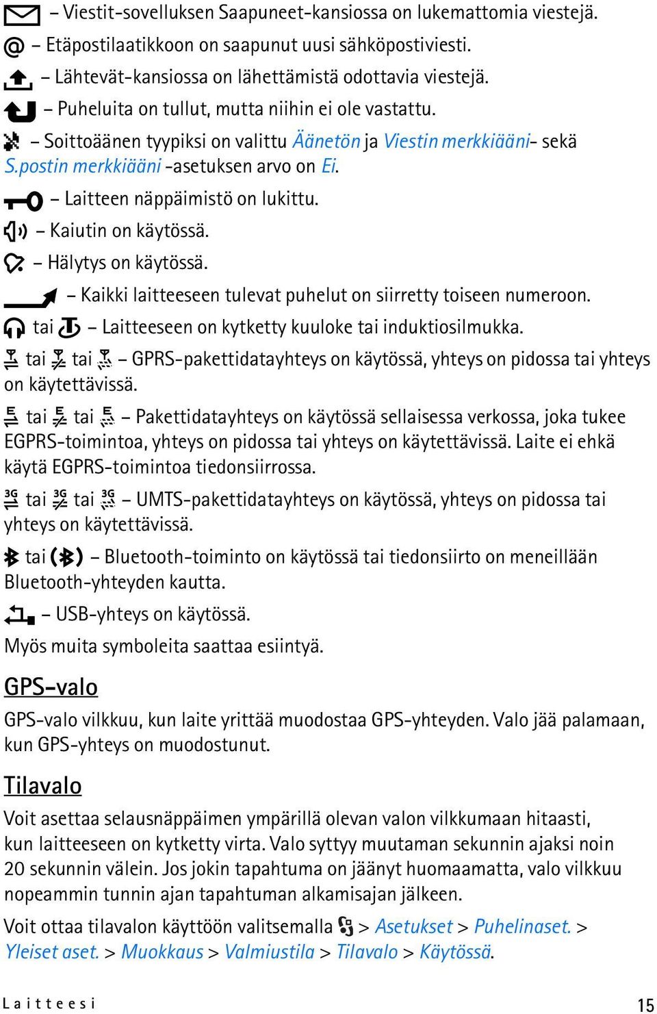 Kaiutin on käytössä. Hälytys on käytössä. Kaikki laitteeseen tulevat puhelut on siirretty toiseen numeroon. tai Laitteeseen on kytketty kuuloke tai induktiosilmukka.