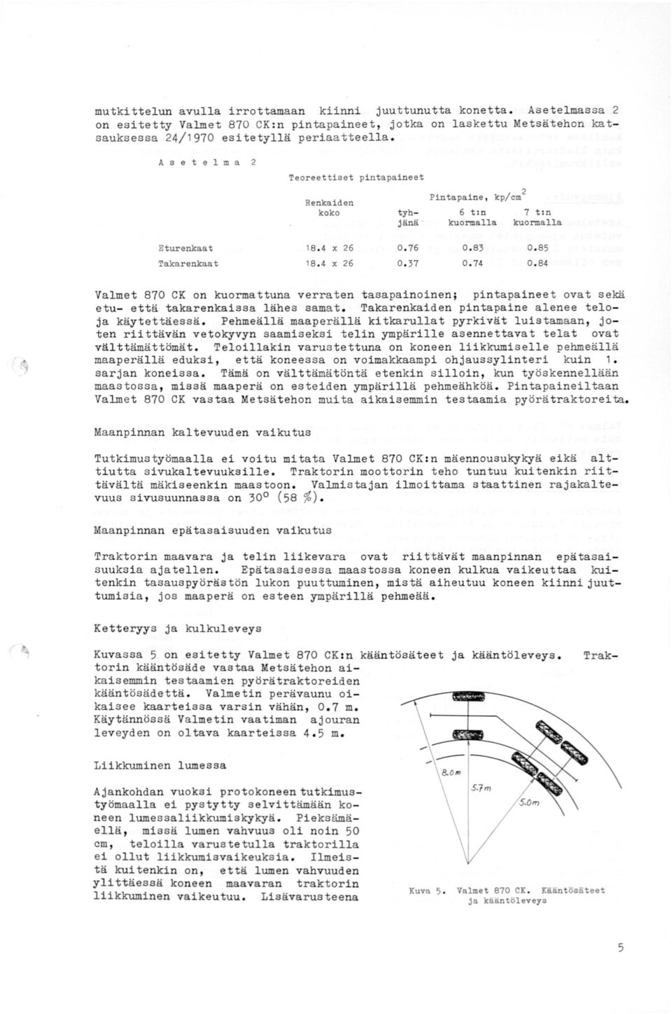 84 Valmet 870 CK on kuormattuna verraten tasapainoinen; pintapaineet ovat sekä etu- että takarenkaissa lähes samat. Takarenkaiden pintapaine alenee taloja käytettäessä.