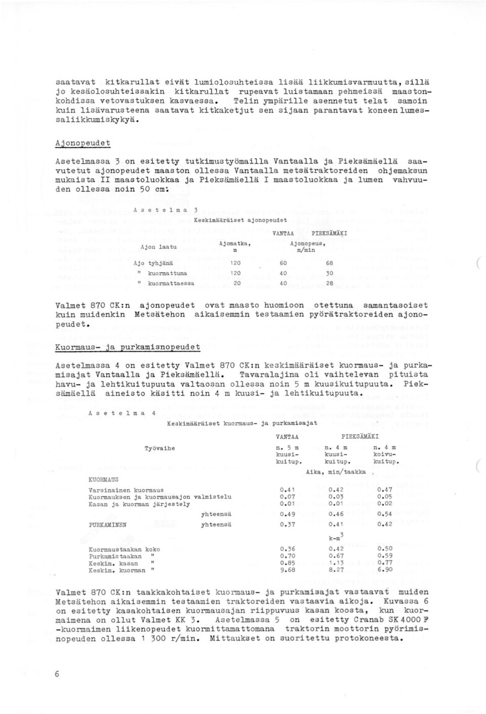 Ajonopeudet Asetelmassa 3 on esitetty tutkimustyömailla Vantaalla ja Pieksämäellä saavutetut ajonopeudet maaston ollessa Vantaalla metsätraktoreiden ohjemaksun mukaista II maastoluokkaa ja