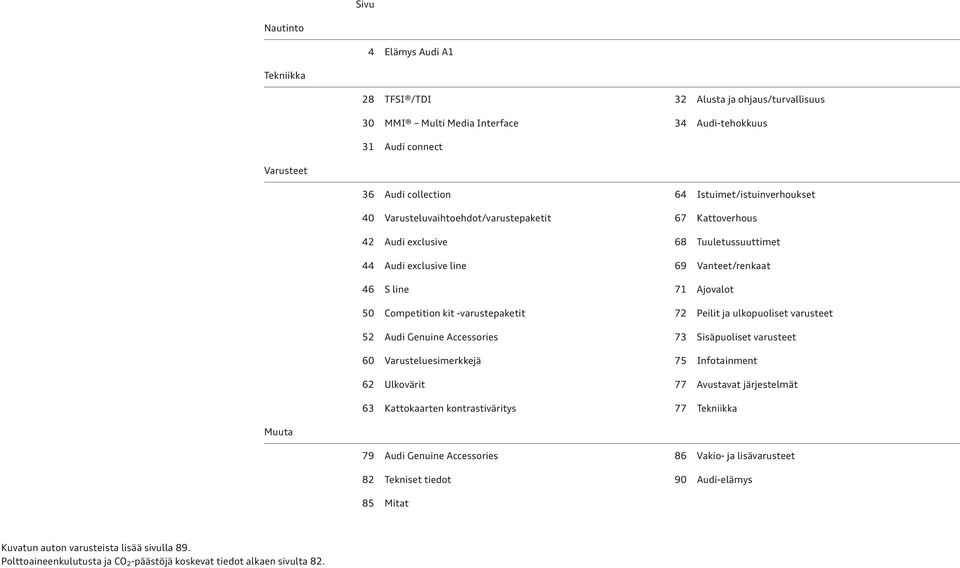 kit -varustepaketit 72 Peilit ja ulkopuoliset varusteet 52 Audi Genuine Accessories 73 Sisäpuoliset varusteet 60 Varusteluesimerkkejä 75 Infotainment 62 Ulkovärit 77 Avustavat järjestelmät 63