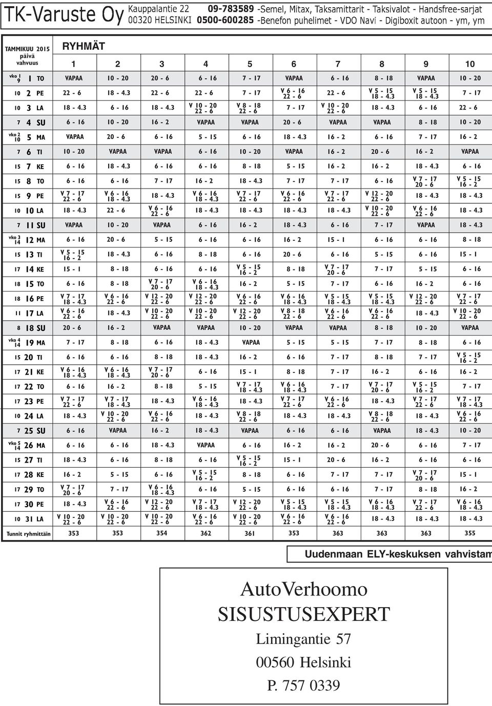 17 22 TO 17 23 PE 10 24 LA 7 25 SU 15-1 V 8-18 V 8-18 vko 5 14 26 MA 15 27 TI 17 28 KE 17 29 TO 17 30 PE 10 31 LA Tunnit ryhmittäin 353 353