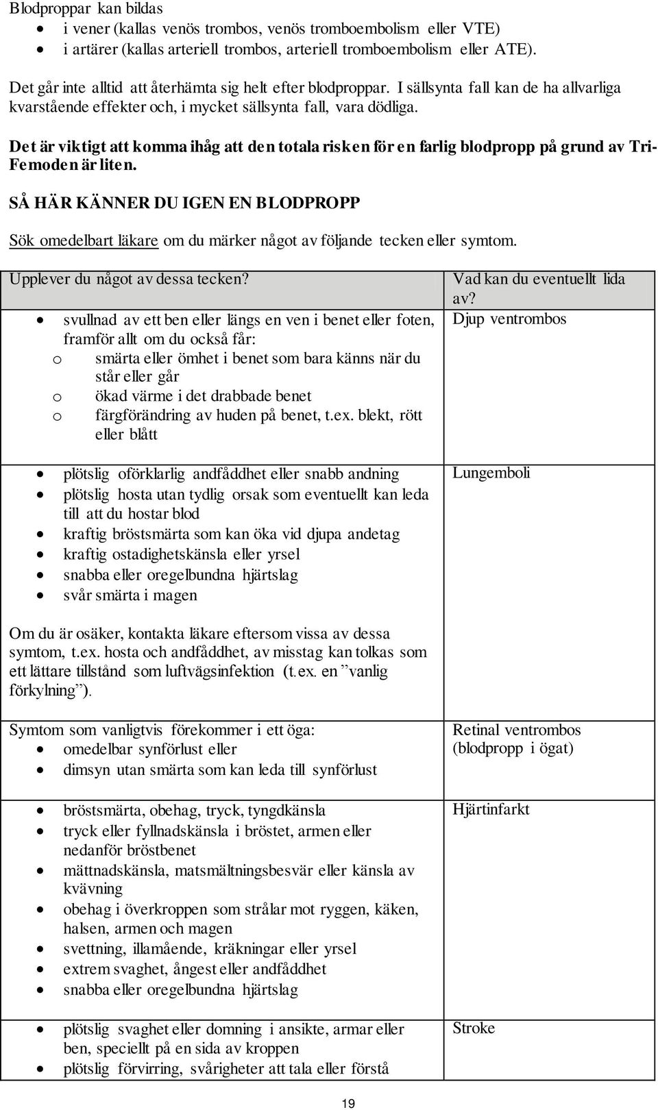 Det är viktigt att komma ihåg att den totala risken för en farlig blodpropp på grund av Tri- Femoden är liten.