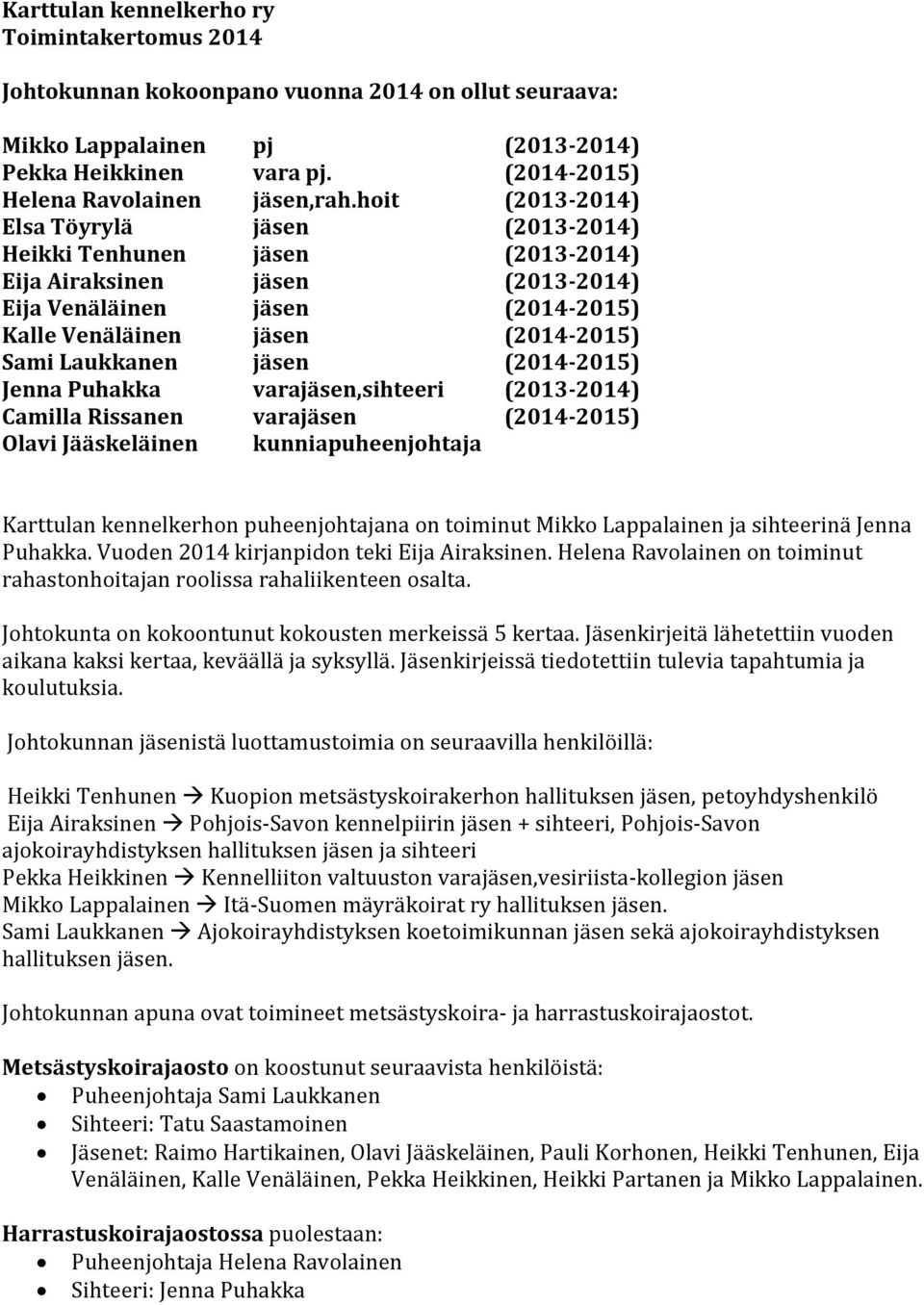 jäsen (2014-2015) Jenna Puhakka varajäsen,sihteeri (2013-2014) Camilla Rissanen varajäsen (2014-2015) Olavi Jääskeläinen kunniapuheenjohtaja Karttulan kennelkerhon puheenjohtajana on toiminut Mikko