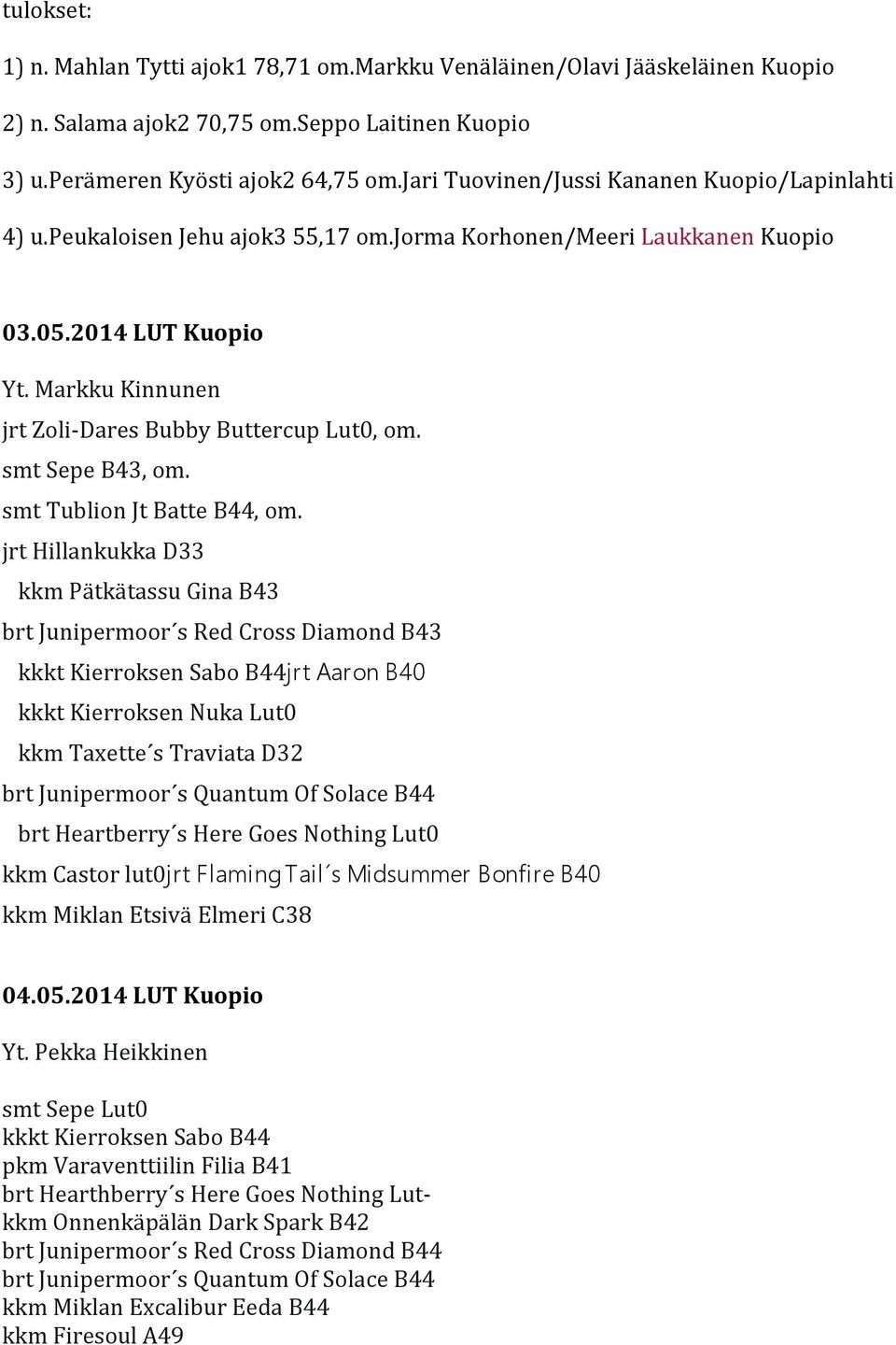 Markku Kinnunen jrt Zoli-Dares Bubby Buttercup Lut0, om. smt Sepe B43, om. smt Tublion Jt Batte B44, om.