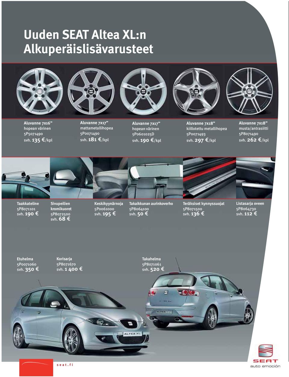 297 /kpl Aluvanne 7x18 musta/antrasiitti 5P8071490 svh. 262 /kpl Taakkateline 5P8071101 svh. 190 Sivupeilien kromikuoret 5P8072500 svh.