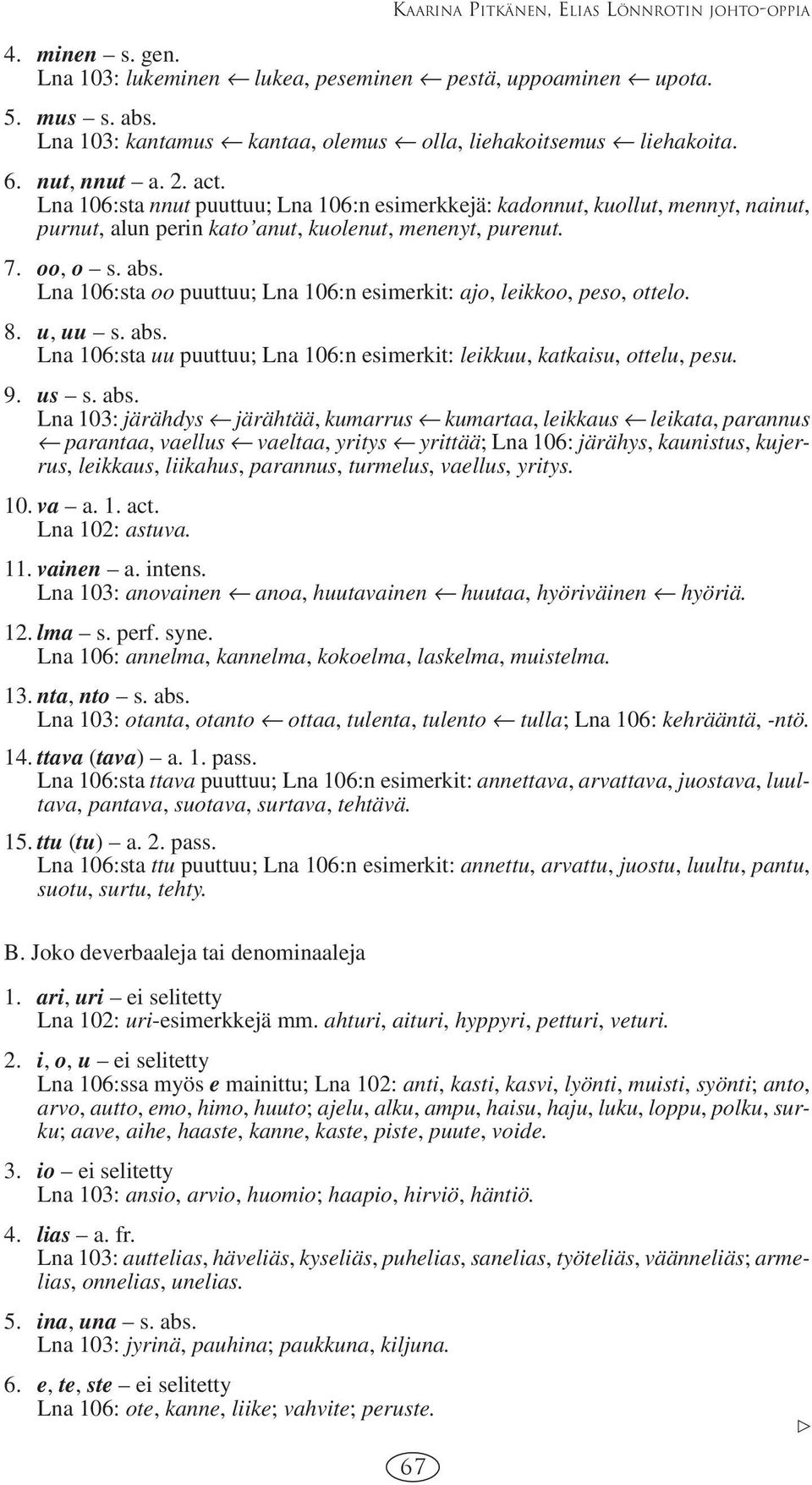 Lna 106:sta nnut puuttuu; Lna 106:n esimerkkejä: kadonnut, kuollut, mennyt, nainut, purnut, alun perin kato anut, kuolenut, menenyt, purenut. 7. oo, o s. abs.