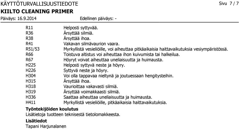 R67 Höyryt voivat aiheuttaa uneliaisuutta ja huimausta. H225 Helposti syttyvä neste ja höyry. H226 Syttyvä neste ja höyry. H304 Voi olla tappavaa nieltynä ja joutuessaan hengitysteihin.