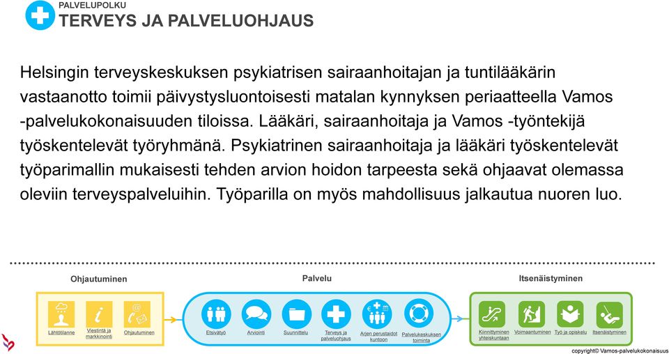 Lääkäri, sairaanhoitaja ja Vamos -työntekijä työskentelevät työryhmänä.