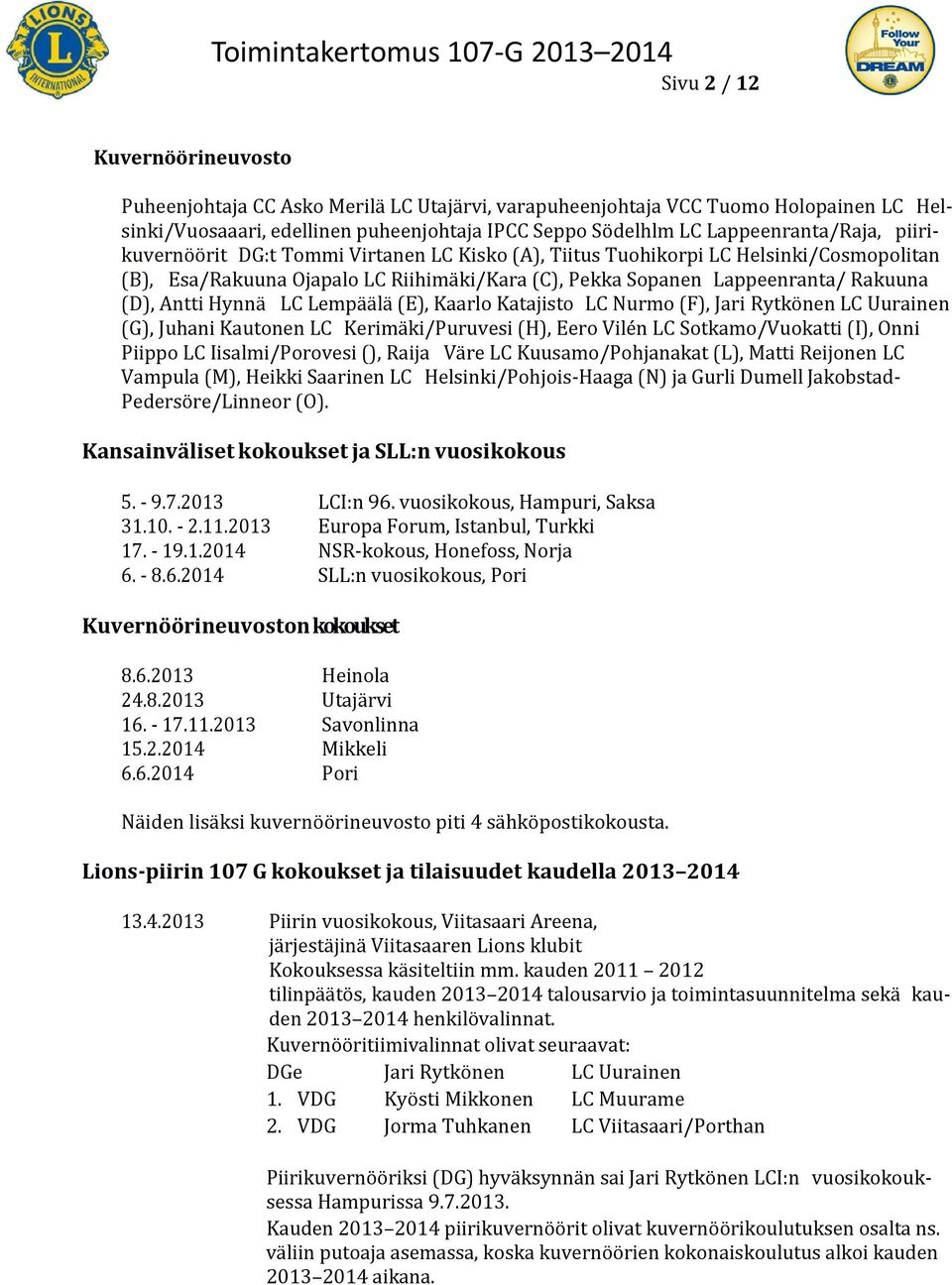 (D), Antti Hynnä LC Lempäälä (E), Kaarlo Katajisto LC Nurmo (F), Jari Rytkönen LC Uurainen (G), Juhani Kautonen LC Kerimäki/Puruvesi (H), Eero Vilén LC Sotkamo/Vuokatti (I), Onni Piippo LC