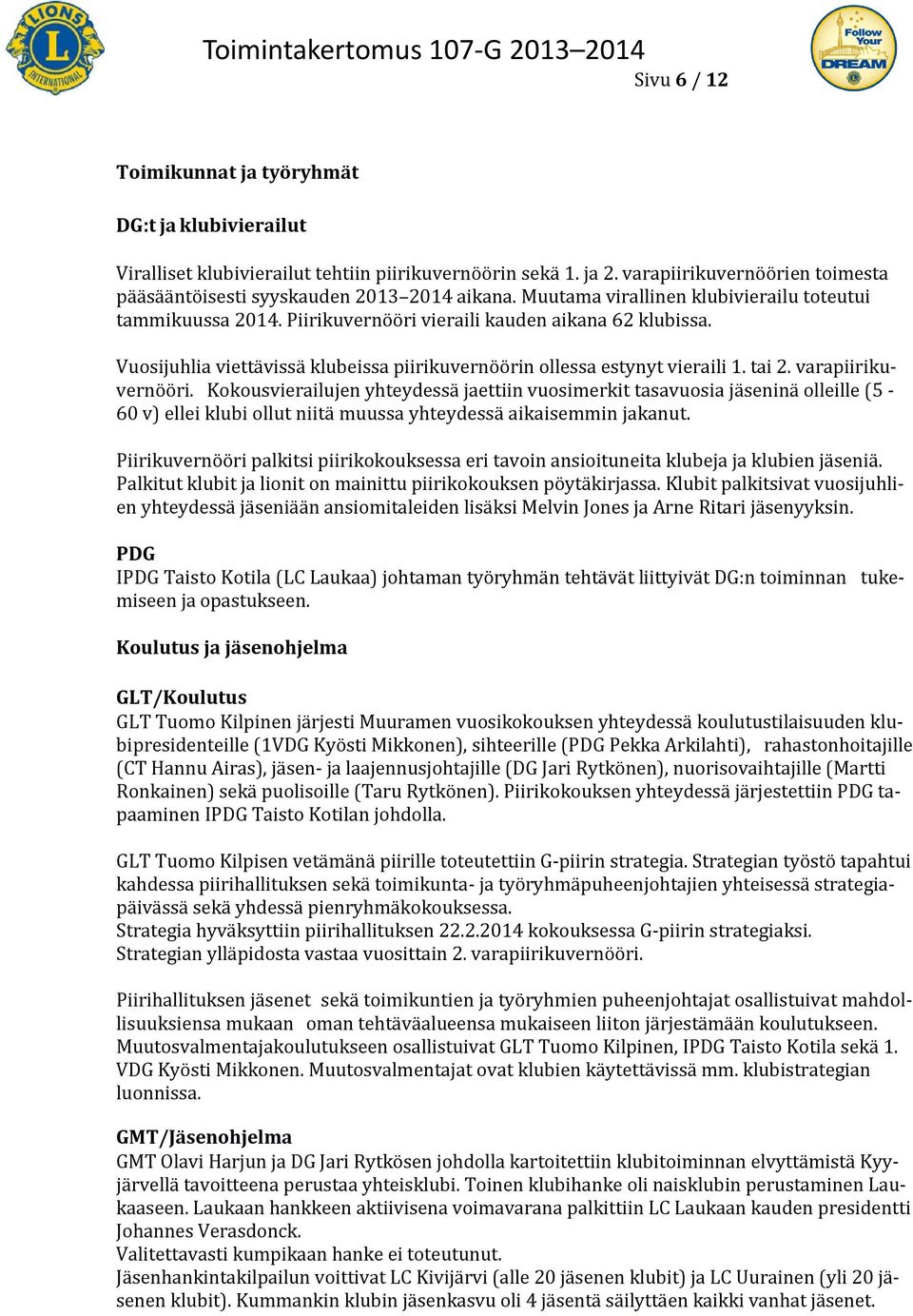 varapiirikuvernööri. Kokousvierailujen yhteydessä jaettiin vuosimerkit tasavuosia jäseninä olleille (5-60 v) ellei klubi ollut niitä muussa yhteydessä aikaisemmin jakanut.