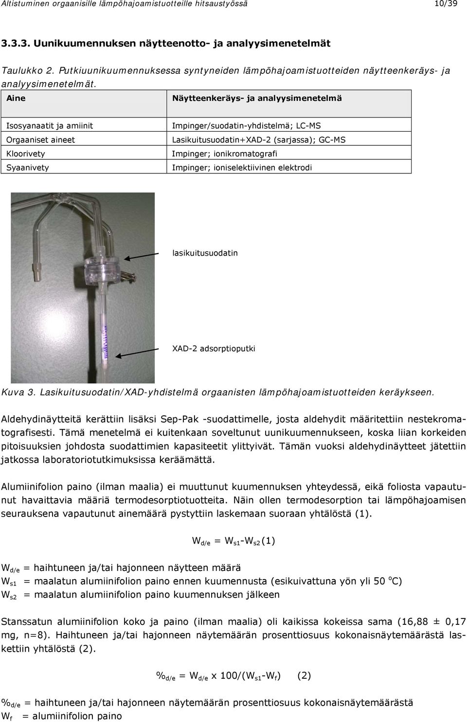 Aine Näytteenkeräys- ja analyysimenetelmä Isosyanaatit ja amiinit Orgaaniset aineet Kloorivety Syaanivety Impinger/suodatin-yhdistelmä; LC-MS Lasikuitusuodatin+XAD-2 (sarjassa); GC-MS Impinger;