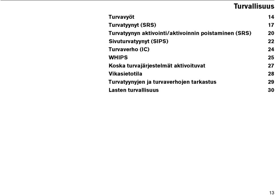Turvaverho (IC) 24 WHIPS 25 Koska turvajärjestelmät aktivoituvat 27