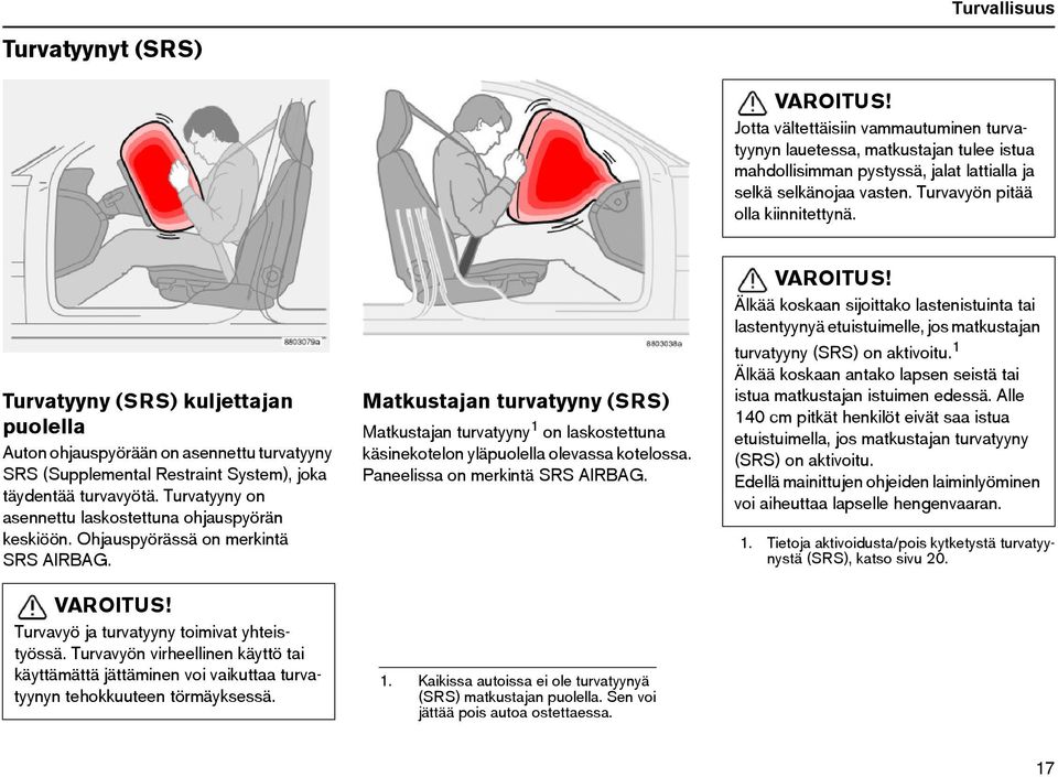 Turvatyyny on asennettu laskostettuna ohjauspyörän keskiöön. Ohjauspyörässä on merkintä SRS AIRBAG. VAROITUS! Turvavyö ja turvatyyny toimivat yhteistyössä.