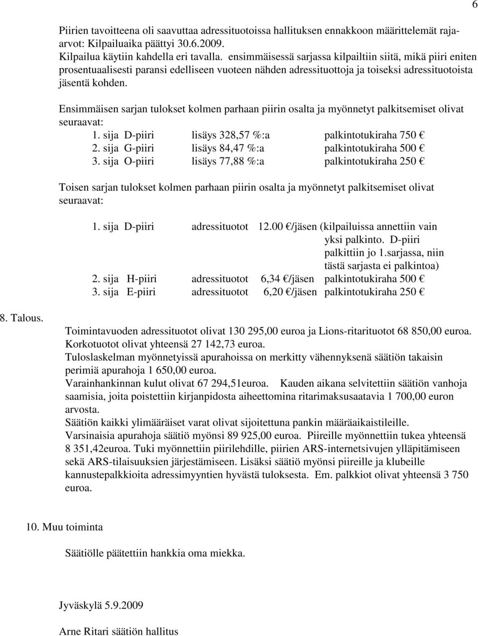 Ensimmäisen sarjan tulokset kolmen parhaan piirin osalta ja myönnetyt palkitsemiset olivat seuraavat: 1. sija D-piiri lisäys 328,57 %:a palkintotukiraha 750 2.